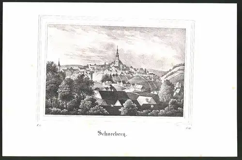 Lithographie Schneeberg, Ortspartie mit Kirche, Lithographie um 1835 aus Saxonia, 28 x 19cm