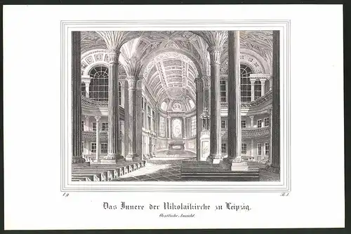 Lithographie Leipzig, Innenansicht der Nikolaikirche, Lithographie um 1835 aus Saxonia, 28 x 19cm