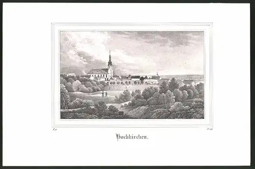 Lithographie Hochkirch, Ortspartie mit Kirche, Lithographie um 1835 aus Saxonia, 28 x 19cm