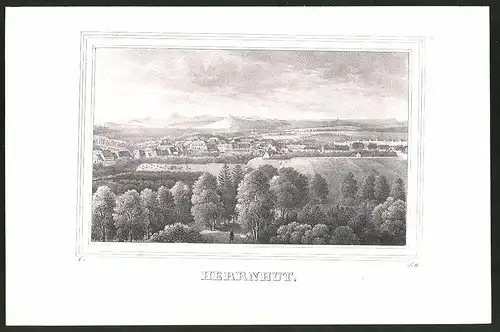 Lithographie Herrnhut, Totalansicht mit Fernblick, Lithographie um 1835 aus Saxonia, 28 x 19cm