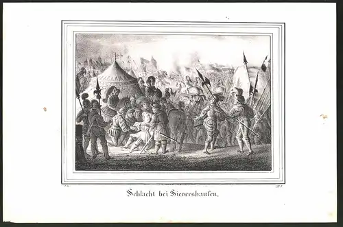 Lithographie Sievershausen, Szene aus der Schlacht, Lithographie um 1835 aus Saxonia, 28 x 19cm