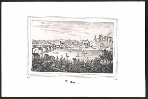 Lithographie Meissen, Flusspartie mit Stadtkern, Lithographie um 1835 aus Saxonia, 28 x 19cm