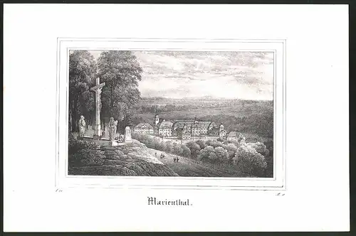 Lithographie Mariental, Kreuzigungsgruppe über dem Ort, Lithographie um 1835 aus Saxonia, 28 x 19cm