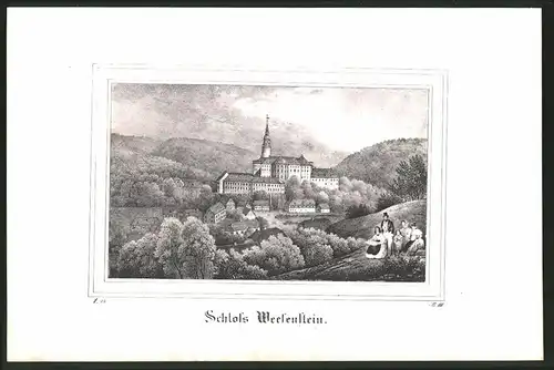 Lithographie Weesenstein, Ortspartie mit Schloss, Lithographie um 1835 aus Saxonia, 28 x 19cm