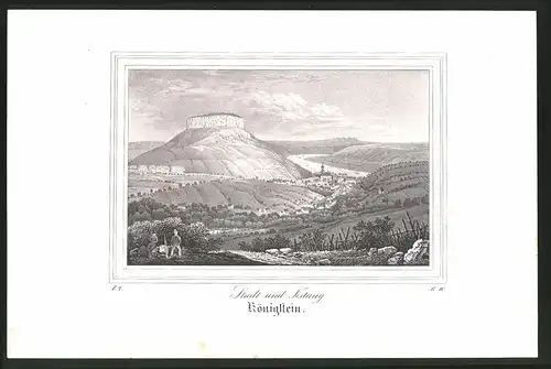 Lithographie Königstein, Stadt und Festung, Lithographie um 1835 aus Saxonia, 28 x 19cm