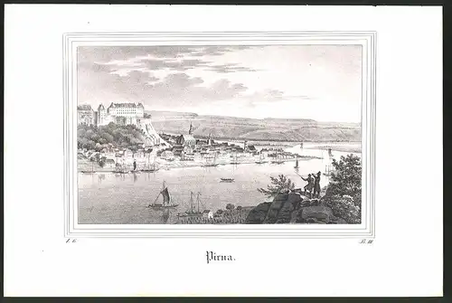 Lithographie Pirna, Ortsansicht mit Fluss, Lithographie um 1835 aus Saxonia, 28 x 19cm