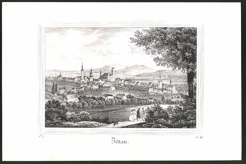 Lithographie Zittau, Gesamtansicht mit Kirchen, Lithographie um 1835 aus Saxonia, 28 x 19cm