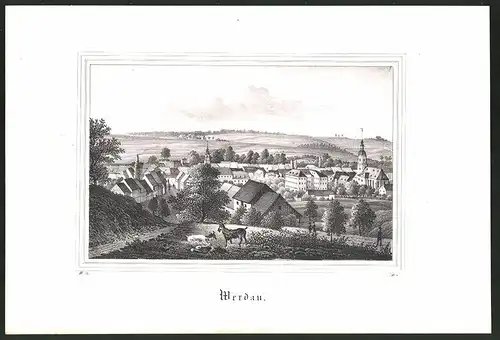 Lithographie Werdau, Ortspartie mit Kirche, Lithographie um 1835 aus Saxonia, 28 x 19cm