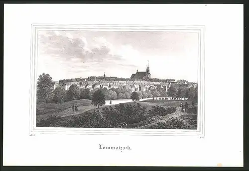 Lithographie Lommatzsch, Gesamtansicht mit Kirche, Lithographie um 1835 aus Saxonia, 28 x 19cm