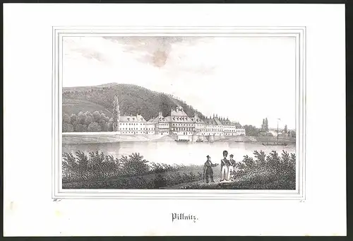 Lithographie Pillnitz, Flusspartie mit Soldaten, Lithographie um 1835 aus Saxonia, 28 x 19cm