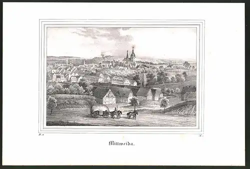 Lithographie Mittweida, Panorama mit Kirche, Lithographie um 1835 aus Saxonia, 28 x 19cm