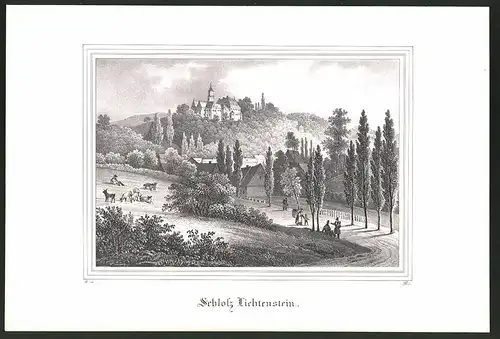 Lithographie Lichtenstein-Callnberg, Ortspartie mit Schloss, Lithographie um 1835 aus Saxonia, 28 x 19cm