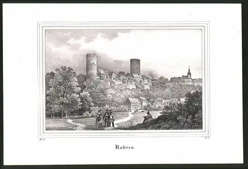 Lithographie Kohren, Ortspartie mit Burgtürmen, Lithographie um 1835 aus Saxonia, 28 x 19cm