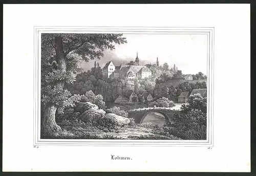 Lithographie Lohmen, Brücke vor dem Ort, Lithographie um 1835 aus Saxonia, 28 x 19cm