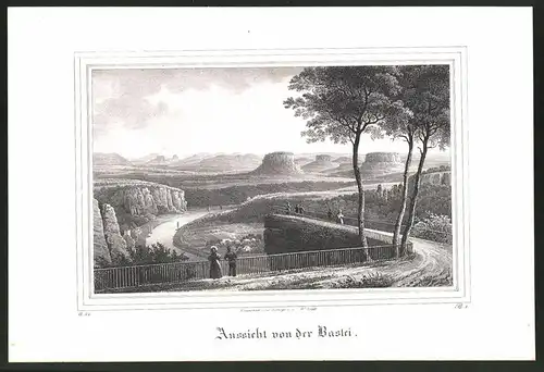Lithographie Bastei, Aussicht mit Fluss und Bergen, Lithographie um 1835 aus Saxonia, 28 x 19cm