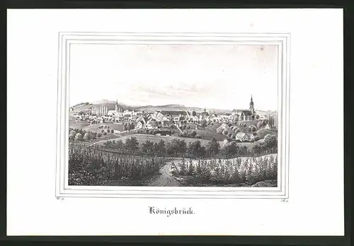 Lithographie Königsbrück, Gesamtansicht mit Kirchen, Lithographie um 1835 aus Saxonia, 28 x 19cm