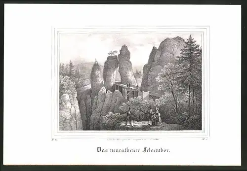Lithographie Lohmen, Neurathener Felsentor, Lithographie um 1835 aus Saxonia, 28 x 19cm