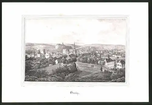 Lithographie Greiz, Gesamtansicht mit Fernblick, Lithographie um 1835 aus Saxonia, 28 x 19cm