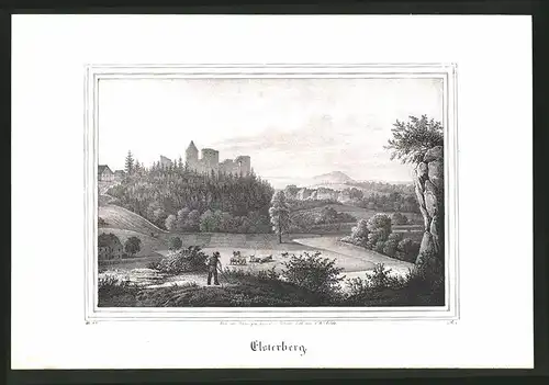 Lithographie Elsterberg, Ortspartie mit Ruine, Lithographie um 1835 aus Saxonia, 28 x 19cm