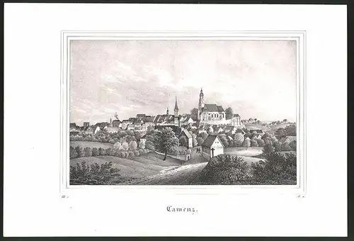 Lithographie Kamenz, Ortsansicht mit Kirchen, Lithographie um 1835 aus Saxonia, 28 x 19cm