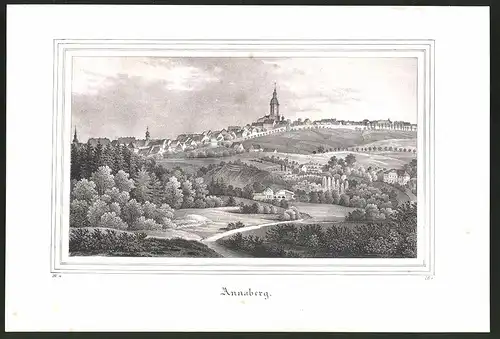 Lithographie Annaberg, Panorama mit Kirchen, Lithographie um 1835 aus Saxonia, 28 x 19cm