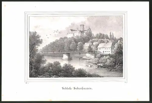 Lithographie Scharfenstein, Flusspartie mit Schloss, Lithographie um 1835 aus Saxonia, 28 x 19cm