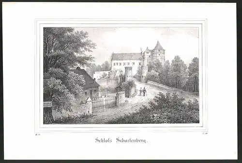 Lithographie Klipphausen, Schloss Scharfenberg, Lithographie um 1835 aus Saxonia, 28 x 19cm
