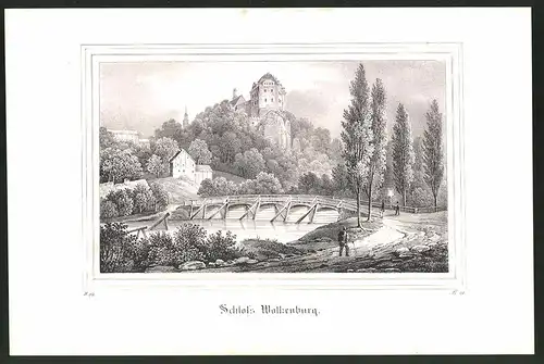Lithographie Wolkenburg, Flusspartie mit Schloss, Lithographie um 1835 aus Saxonia, 28 x 19cm