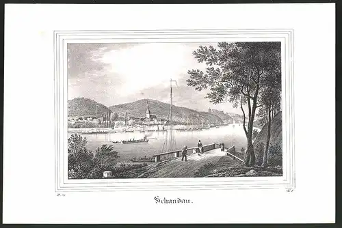 Lithographie Schandau, Flusspartie mit Kirche, Lithographie um 1835 aus Saxonia, 28 x 19cm