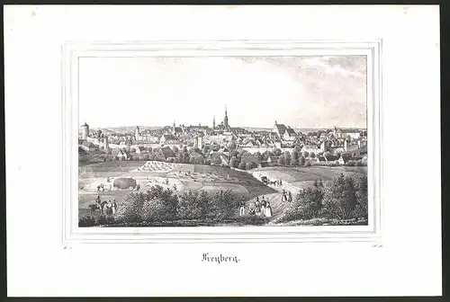Lithographie Freiberg, Gesamtansicht mit Stadtmauer, Lithographie um 1835 aus Saxonia, 28 x 19cm