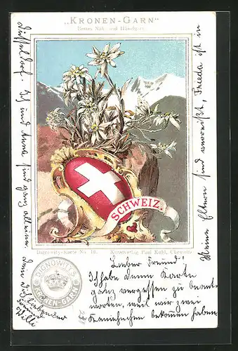 Künstler-AK Schweiz, Wappen und Alpenblume, Reklame für Kronen-Garn