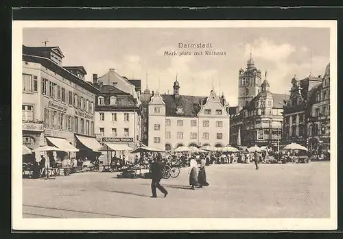 AK Darmstadt, Schuhaus Neptun, Marktplatz mit Rathaus