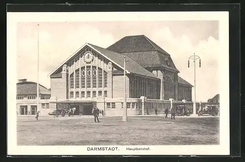 AK Darmstadt, Hauptbahnhof mit Autos & Pferdewagen
