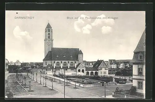 AK Darmstadt, Blick auf die Pauluskirche mit Anlagen