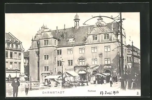 AK Darmstadt, Rathaus mit Geschäften und Markt