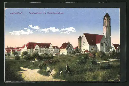 AK Darmstadt, Pauluskirche mit Hypothekenbank und Mann