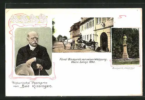 AK Bad Kissingen, Fürst Bismarcks Wohnung, Obere Saline 1893, Bismarck-Denkmal