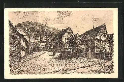 Künstler-AK Neustadt i. Odw., Römerberg und Burg Breuberg