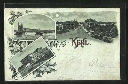 Mondschein-Lithographie Kehl a. Rh., Grossherzog Friedrich Kaserne, Rheinbrücke