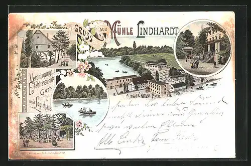 Lithographie Naunhof, Gasthaus Mühle Lindhardt