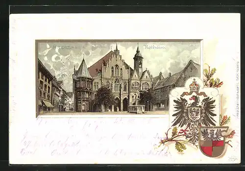 Passepartout-Lithographie Hildesheim, Rathaus, Brunnen, Wappen