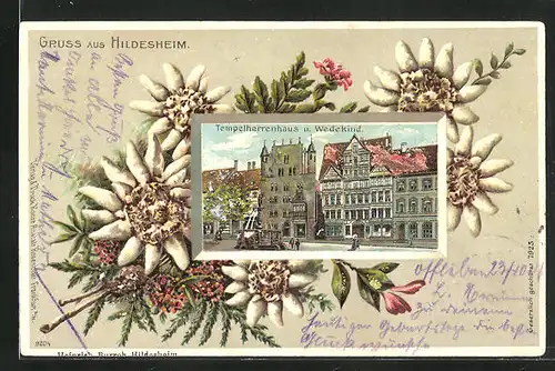 Passepartout-Lithographie Hildesheim, Tempelherrenhaus und Wedekind, Blumen