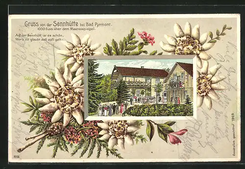 Passepartout-Lithographie Bad Pyrmont, Gasthaus Sennhütte, Edelweiss