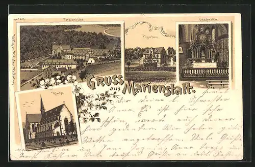 Lithographie Marienstatt, Pilgerhaus, Gnadenaltar, Totalansicht