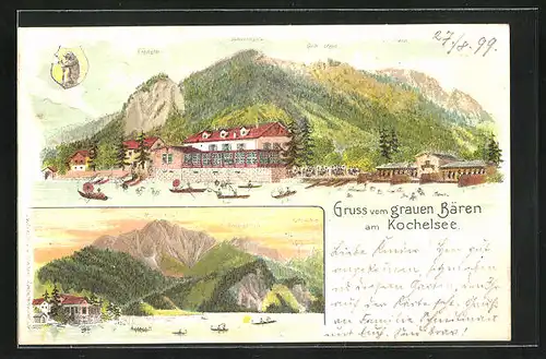 Lithographie Kochel, Gasthaus zum grauen Bären am Kochelsee mit Kienstein, Sonnenspitz und Jocheralm, Ortspartie