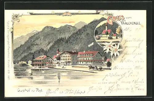 Lithographie Kochel, Gasthof zur Post am Walchensee, Kirche