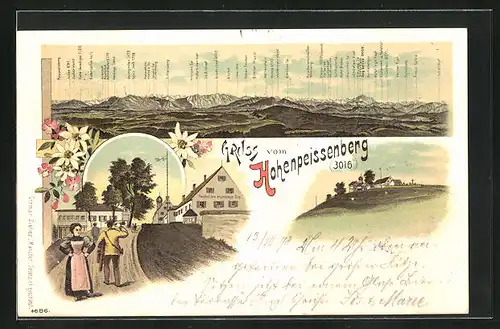 Lithographie Hohenpeissenberg, Gasthof zum bayrischen Rigi, Panorama mit Jocher Wand, Haimgarten und Bischof