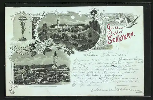 Mondschein-Lithographie Scheyern, Kloster Scheyern, Totalansicht