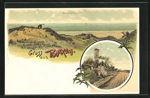Lithographie Borkum, Düne mit Blick auf den See, Ortspartie