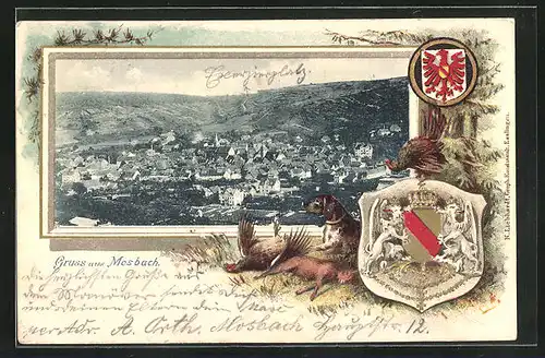 Passepartout-Lithographie Mosbach, Totalansicht, Jagdhund mit Jagdbeute, Wappen